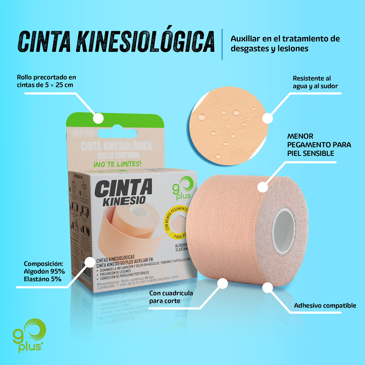 Cinta Kinesiológica Beige Piel Sensible 5m Continua Go Plus