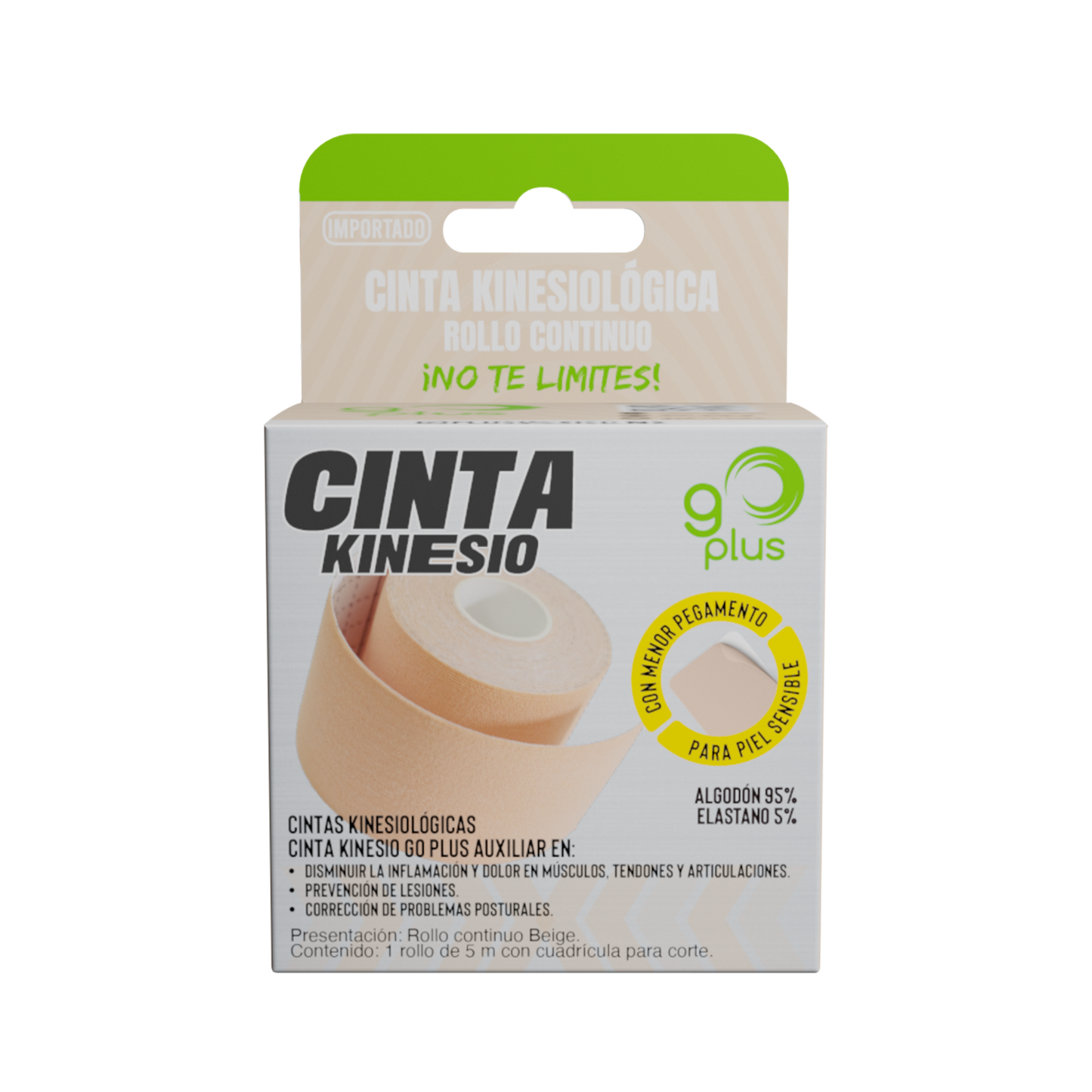 Cinta Kinesiológica Beige Piel Sensible 5m Continua Go Plus