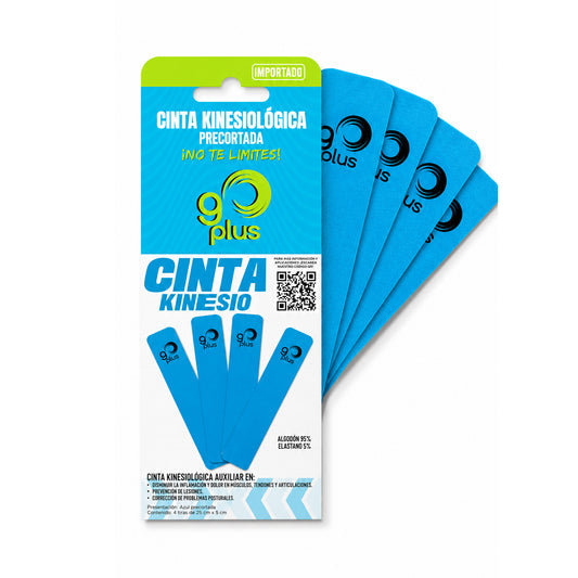 Cinta Kinesiológica Azul 1 m Precortada Go Plus | 4 Tiras | Vendaje Neuromuscular