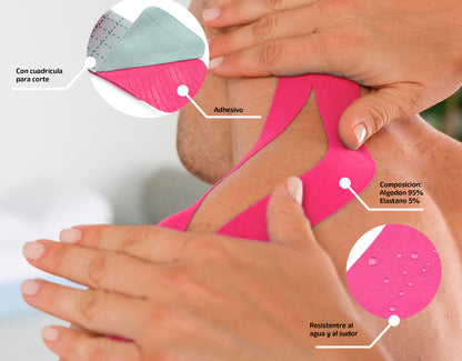Cinta Kinesiológica Rosa 1 m Precortada Go Plus | 4 Tiras | Vendaje Neuromuscular