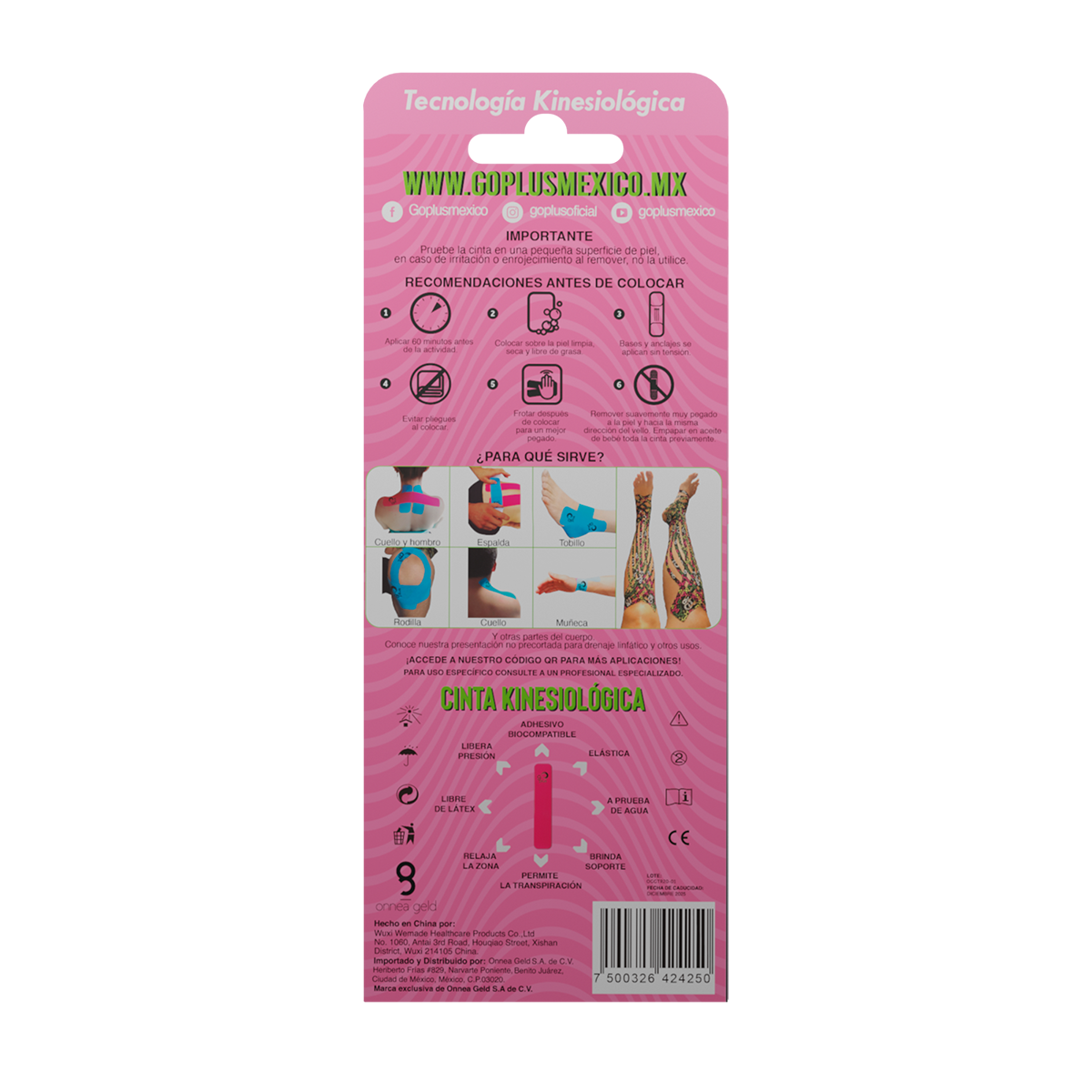 Cinta Kinesiológica Rosa 1 m Precortada Go Plus | 4 Tiras | Vendaje Neuromuscular
