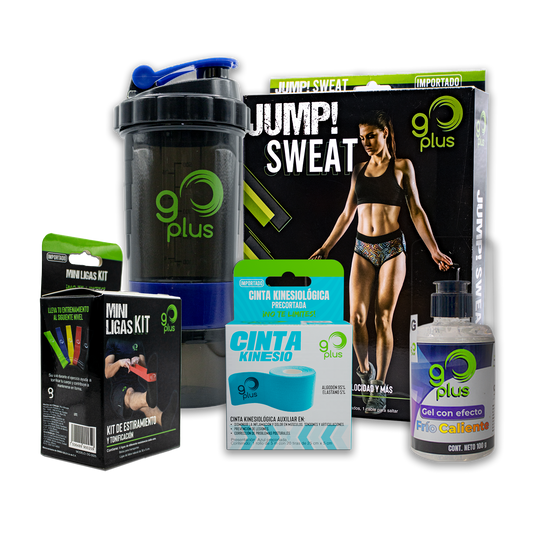 Kit de Regalo Entrenamiento y Ejercicio Go Plus con Cinta Kinesiológica, Ligas de Resistencia, Cuerda para Saltar, Botella Mezcladora Shaker y Gel con efecto frío caliente