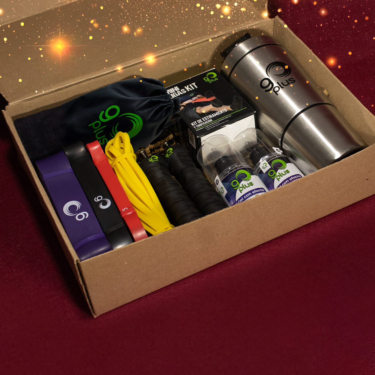 Kit de Regalo Entrenamiento En Casa Go Plus con Bandas de Resistencia, Cuerda para Saltar, Botella Mezcladora Shaker y Gel con efecto frío caliente