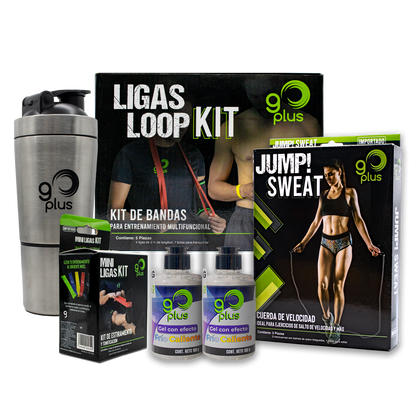 Kit de Regalo Entrenamiento En Casa Go Plus con Bandas de Resistencia, Cuerda para Saltar, Botella Mezcladora Shaker y Gel con efecto frío caliente
