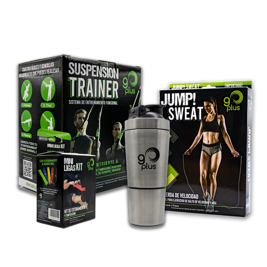 Kit De Regalo Pro Fitness Go Plus con Bandas de Suspension, Cuerda para Saltar, Ligas de Resistencia y Botella Mezcladora Shaker