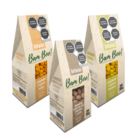 Mix Botana Delicias Bamboo! Lifestyle Almendras Cubiertas con Chocolate y Cocoa y Cacahuates Crujientes Mango y Habanero