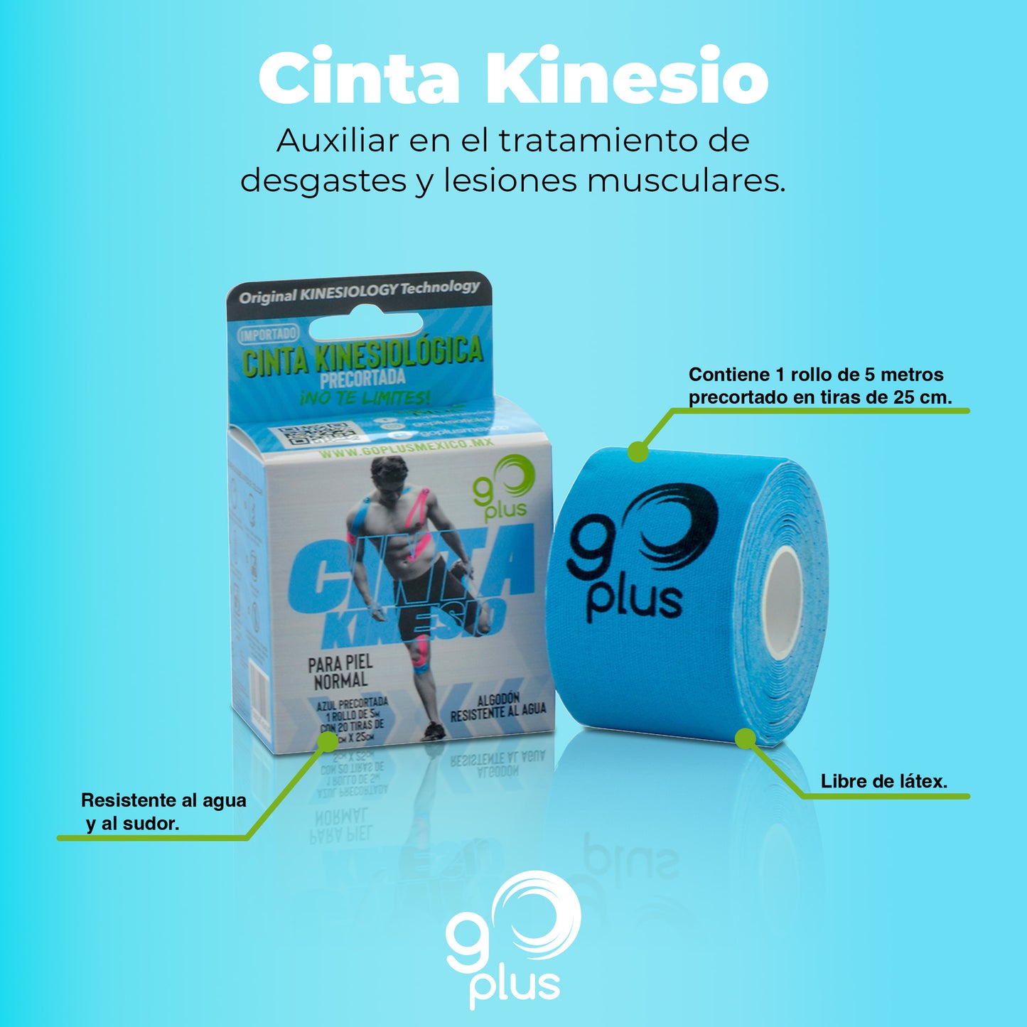 10 Pack Cinta Kinesiológica Azul Go Plus 5m Pre-cortada Mayoreo Go Plus