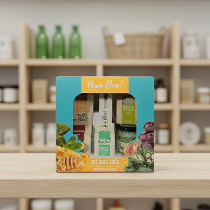 Set para Baño Bam Boo! Lifestyle | Shampoo Sólido, Acondicionador, Pasta Dental, Cepillo de Bambú, Jabón y Fijador